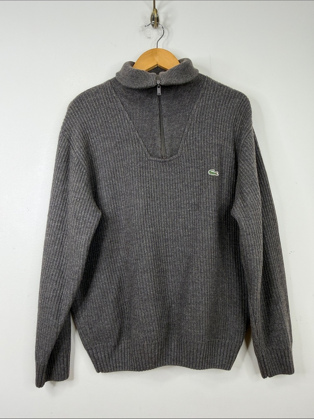 Lacoste Sweater Mens 6 XL Gray Wool Knit Rib Quarter Zip Turtleneck Pullover